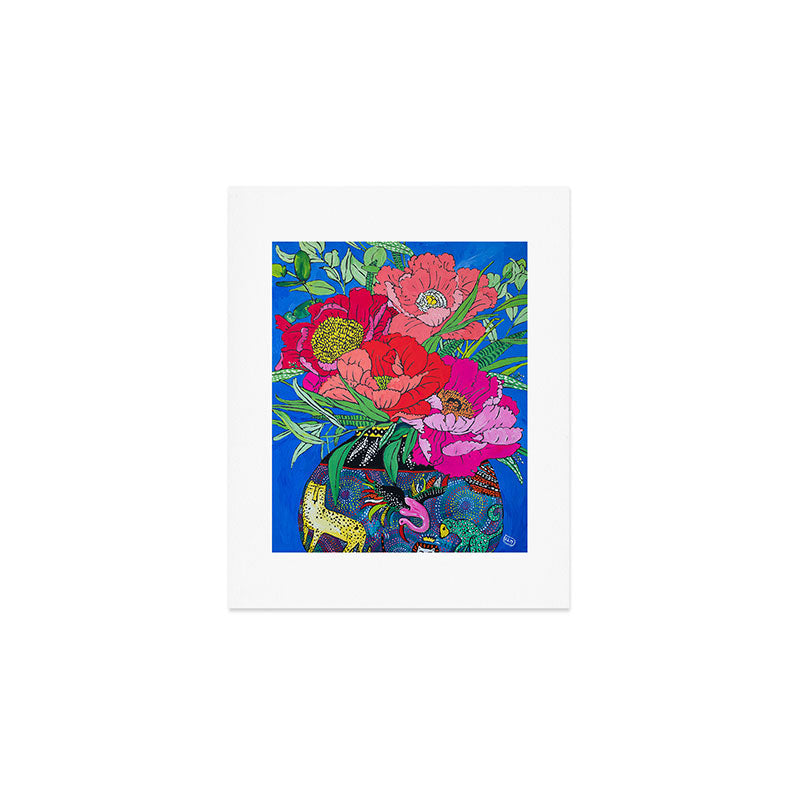 Bright Peony Bouquet in Tropical Rainbow Cheetah and Bird Maximalist Vase Painting Art Print Gallery Image 1