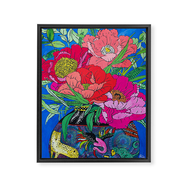 Bright Peony Bouquet in Tropical Rainbow Cheetah and Bird Maximalist Vase Painting Framed Canvas Print Gallery Image 6