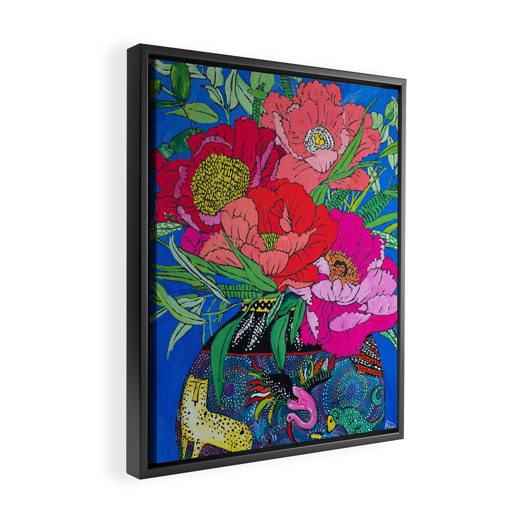 Bright Peony Bouquet in Tropical Rainbow Cheetah and Bird Maximalist Vase Painting Framed Canvas Print Gallery Image 2