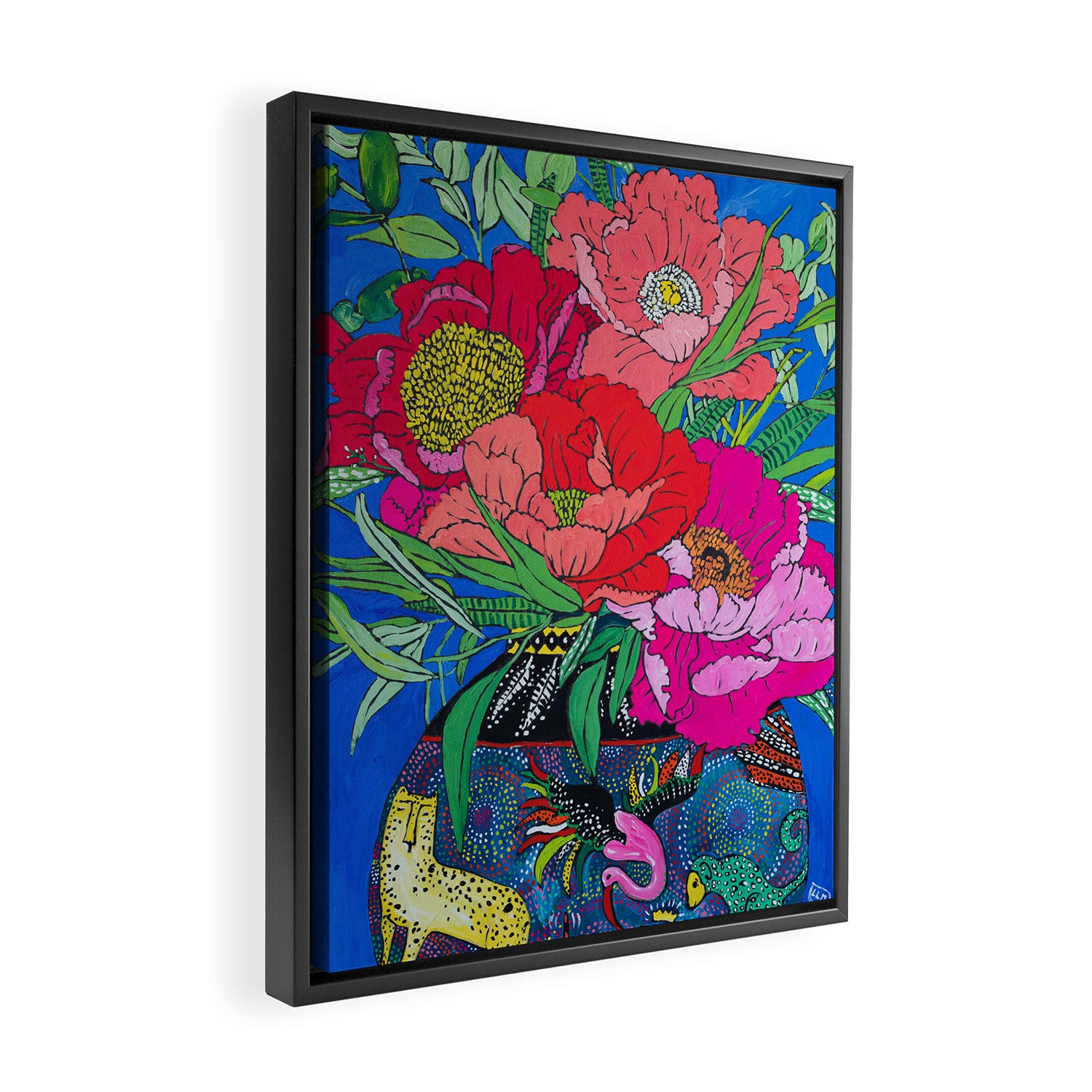 Bright Peony Bouquet in Tropical Rainbow Cheetah and Bird Maximalist Vase Painting Framed Canvas Print Gallery Image 2