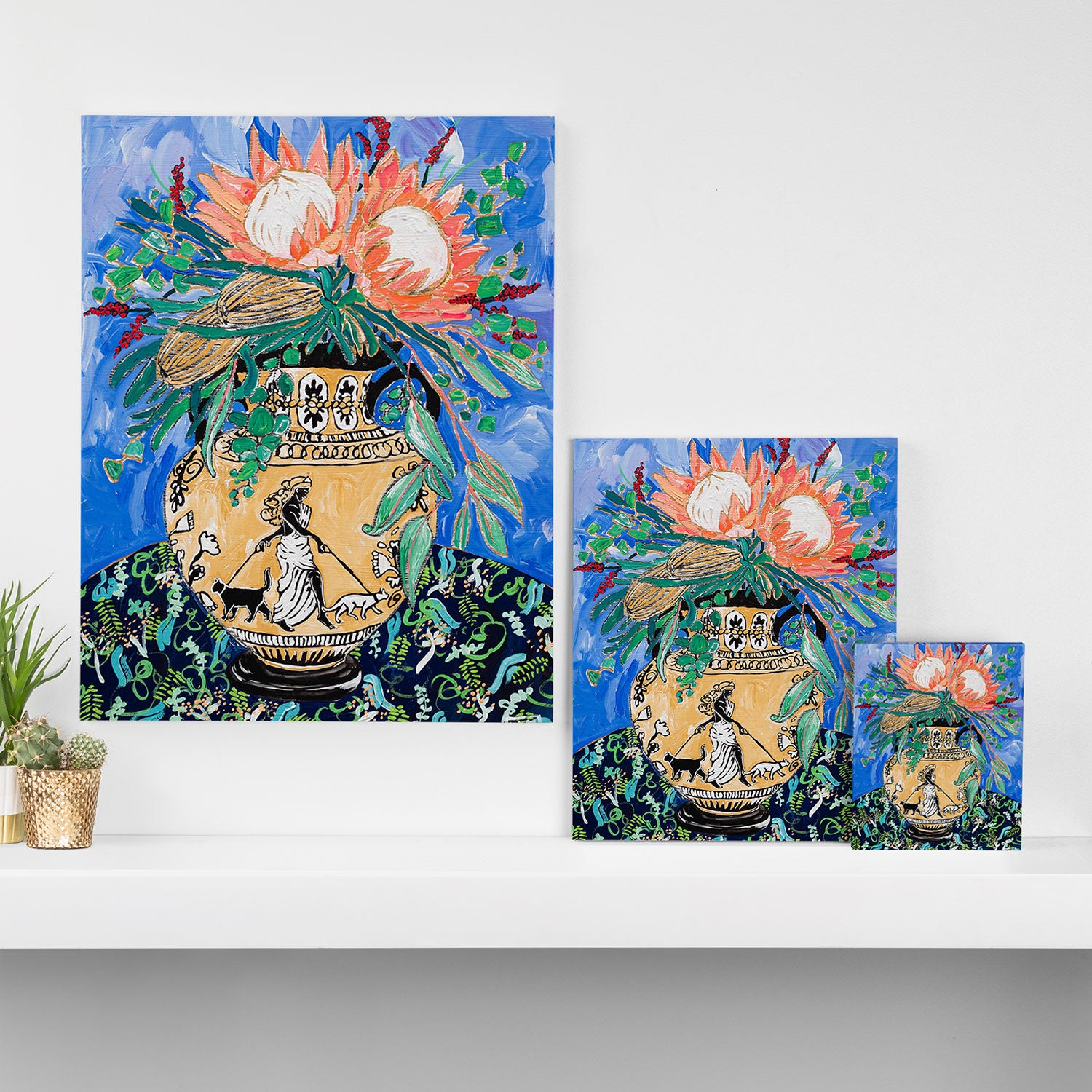Cat Walk: Protea and Banksia Bouquet Floral Still Life with Greek Urn featuring Woman Walking Cats Canvas Print Gallery Image 3