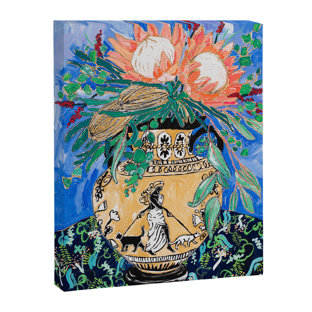 Cat Walk: Protea and Banksia Bouquet Floral Still Life with Greek Urn featuring Woman Walking Cats Canvas Print Gallery Image 6