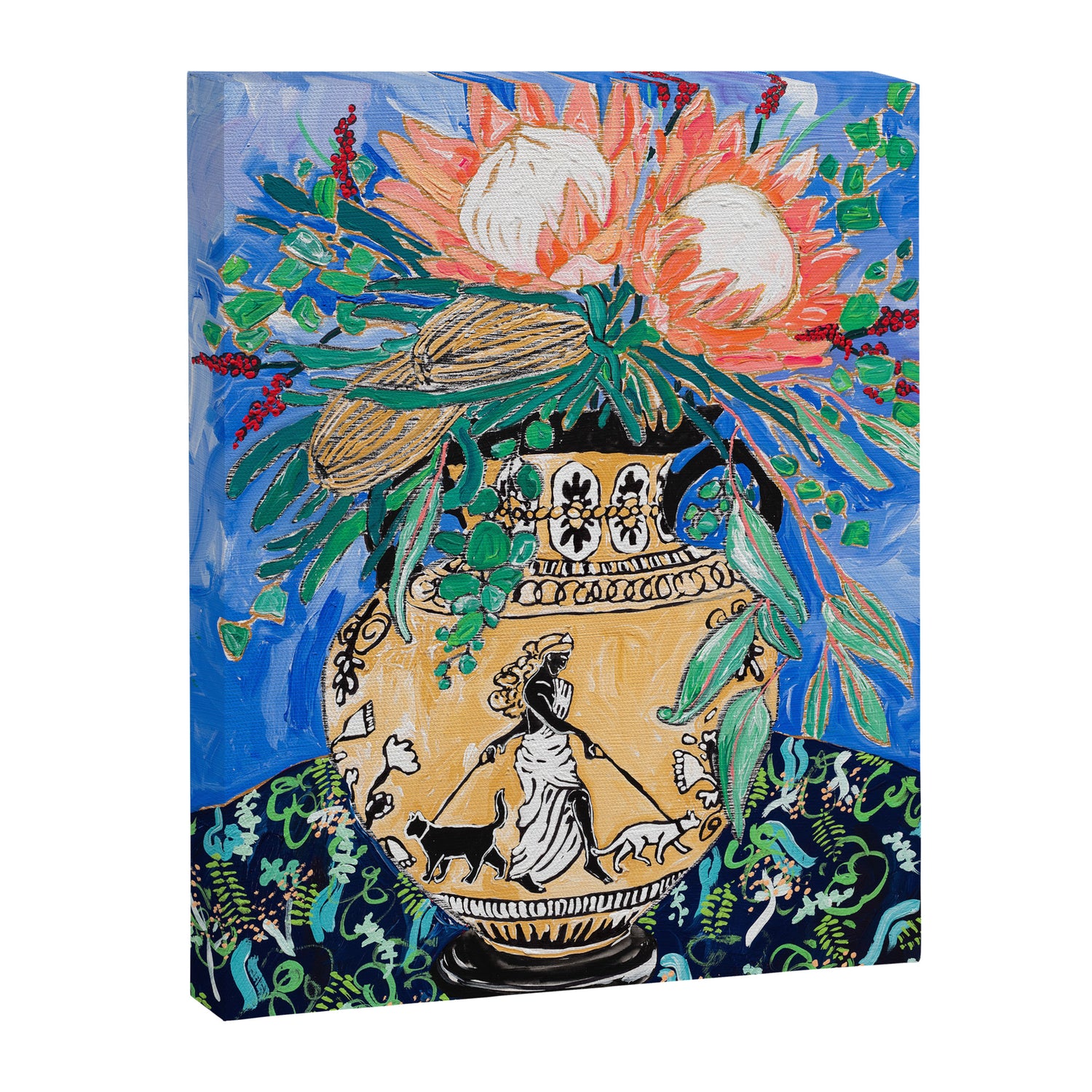 Cat Walk: Protea and Banksia Bouquet Floral Still Life with Greek Urn featuring Woman Walking Cats Canvas Print Gallery Image 3