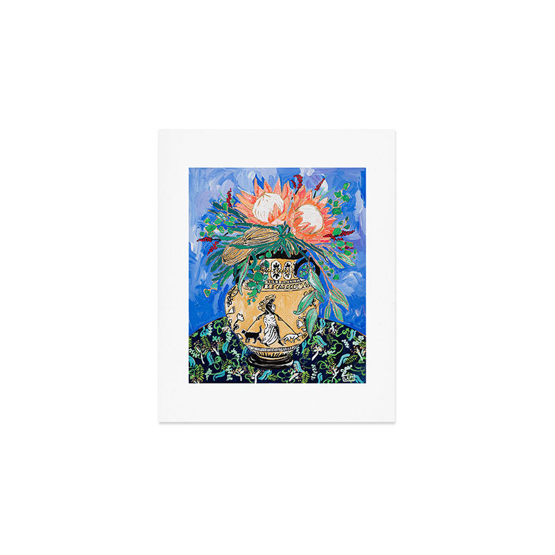 Cat Walk: Protea and Banksia Bouquet Floral Still Life with Greek Urn featuring Woman Walking Cats Art Print Gallery Image 1