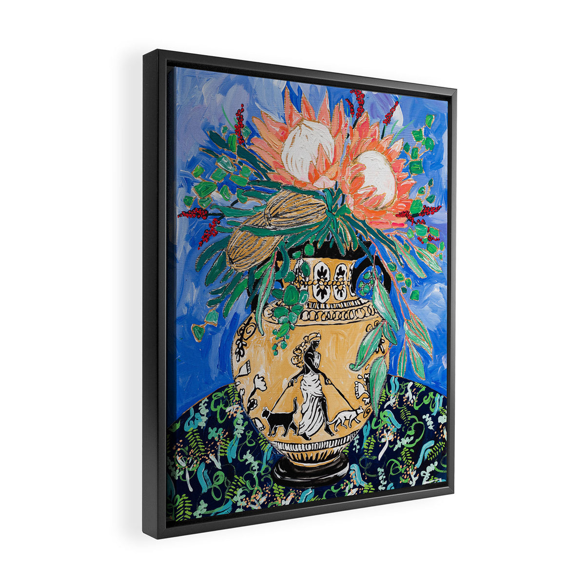 Cat Walk: Protea and Banksia Bouquet Floral Still Life with Greek Urn featuring Woman Walking Cats Framed Canvas Print Gallery Image 2