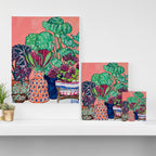 Cluster of Houseplants and Proteas on Pink Still Life Painting Canvas Print Gallery Image 3