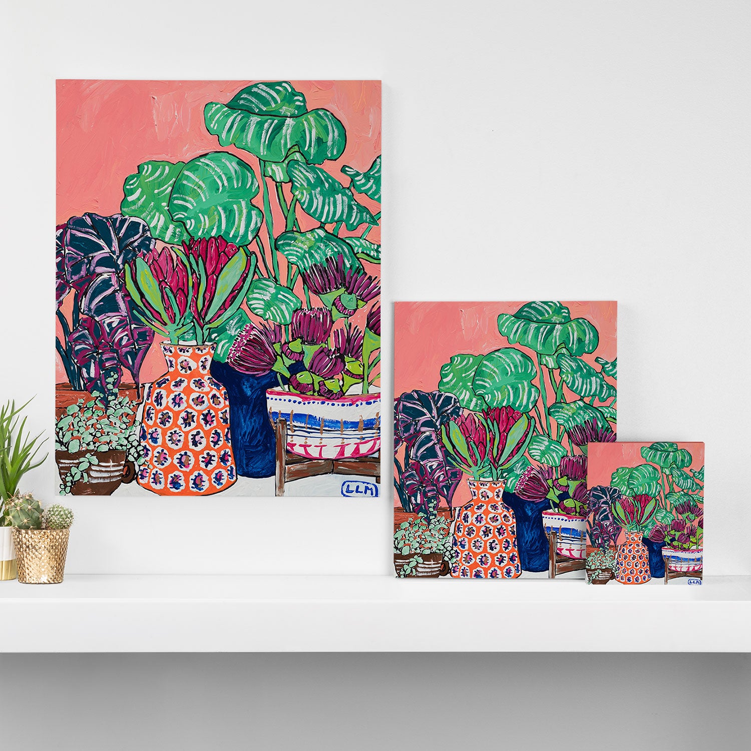 Cluster of Houseplants and Proteas on Pink Still Life Painting Canvas Print Gallery Image 3