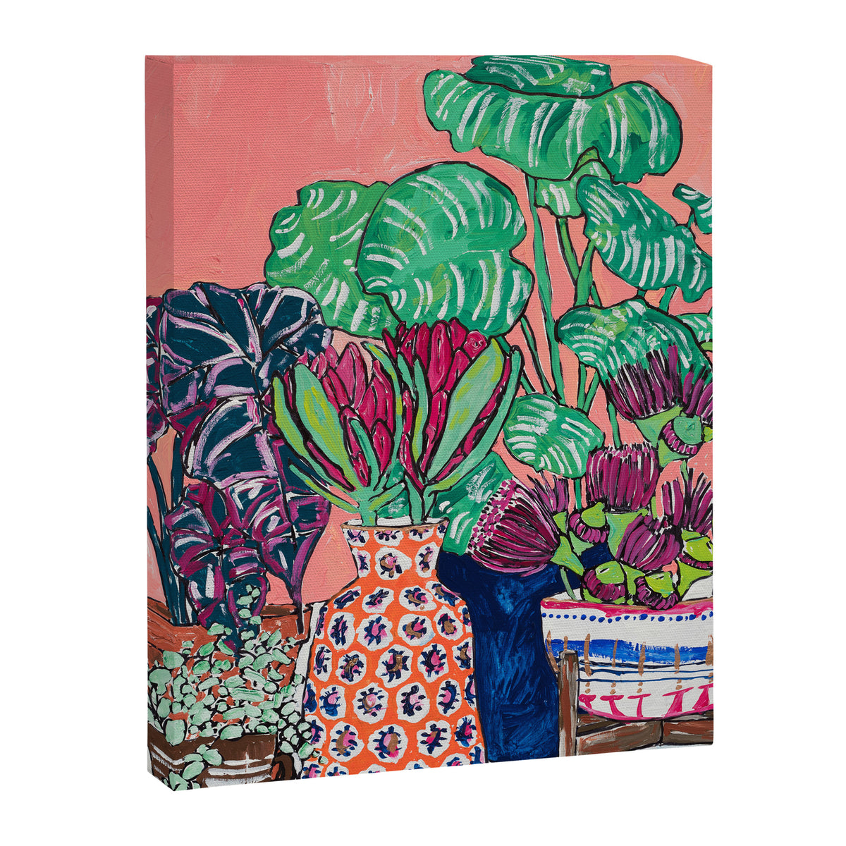 Cluster of Houseplants and Proteas on Pink Still Life Painting Canvas Print Gallery Image 6