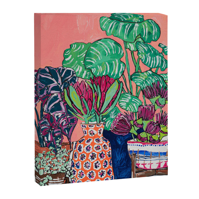 Cluster of Houseplants and Proteas on Pink Still Life Painting Canvas Print Gallery Image 1