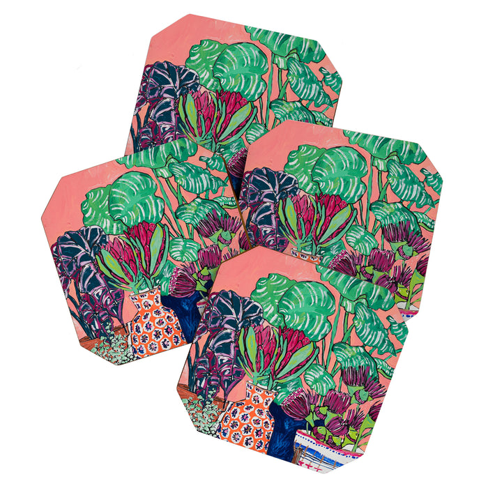 Cluster of Houseplants and Proteas on Pink Still Life Painting Coaster Gallery Image 1