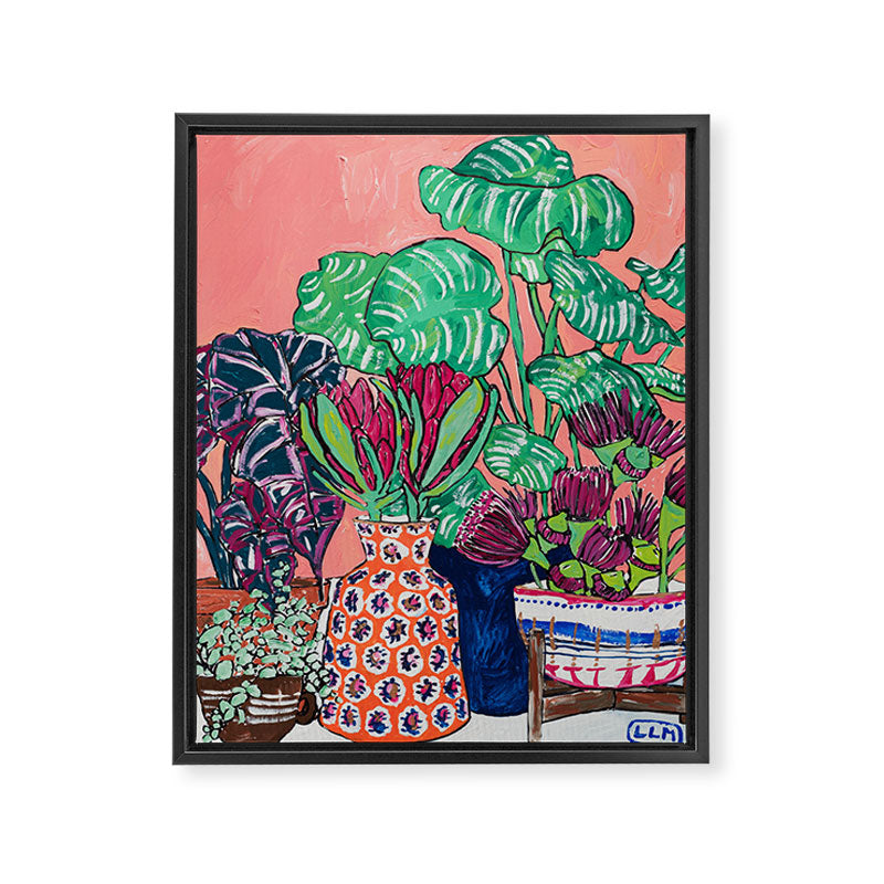 Cluster of Houseplants and Proteas on Pink Still Life Painting Framed Canvas Print Gallery Image 6