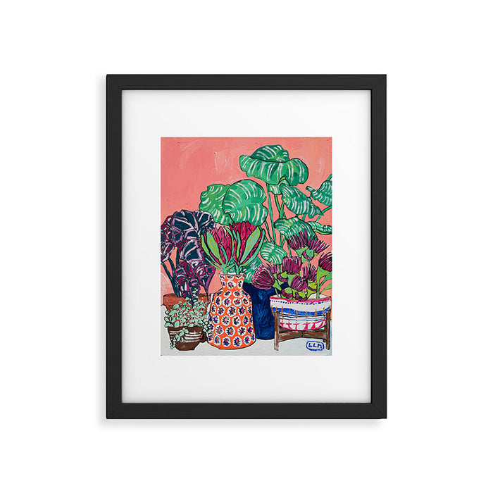 Cluster of Houseplants and Proteas on Pink Still Life Painting Framed Art Print Gallery Image 1