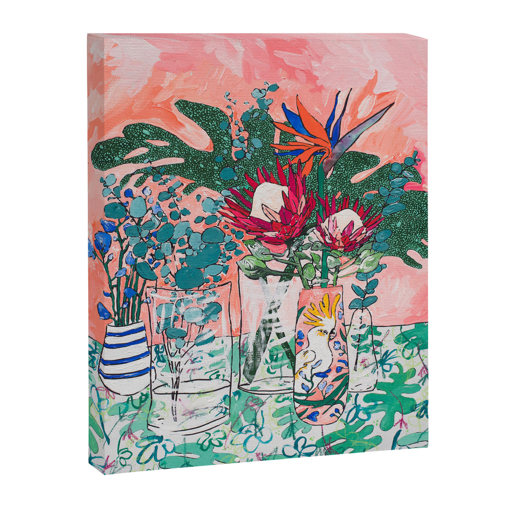 Cockatoo Vase - Bouquet of Flowers on Coral and Jungle Canvas Print Gallery Image 8