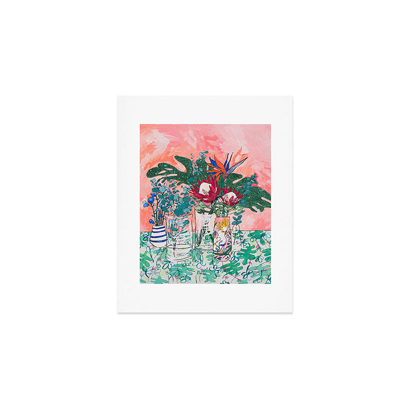 Cockatoo Vase - Bouquet of Flowers on Coral and Jungle Art Print Gallery Image 1