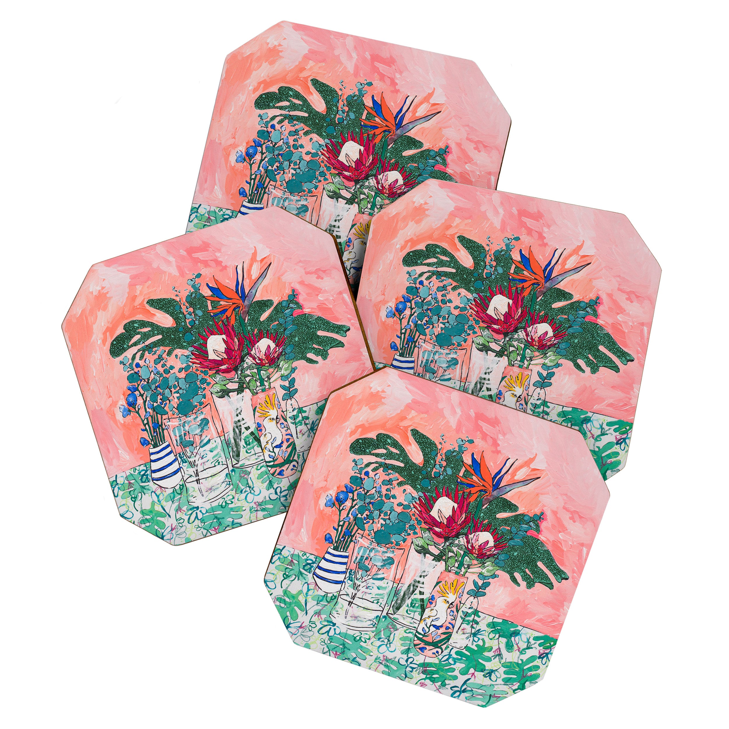 Cockatoo Vase - Bouquet of Flowers on Coral and Jungle Coaster Gallery Image 1