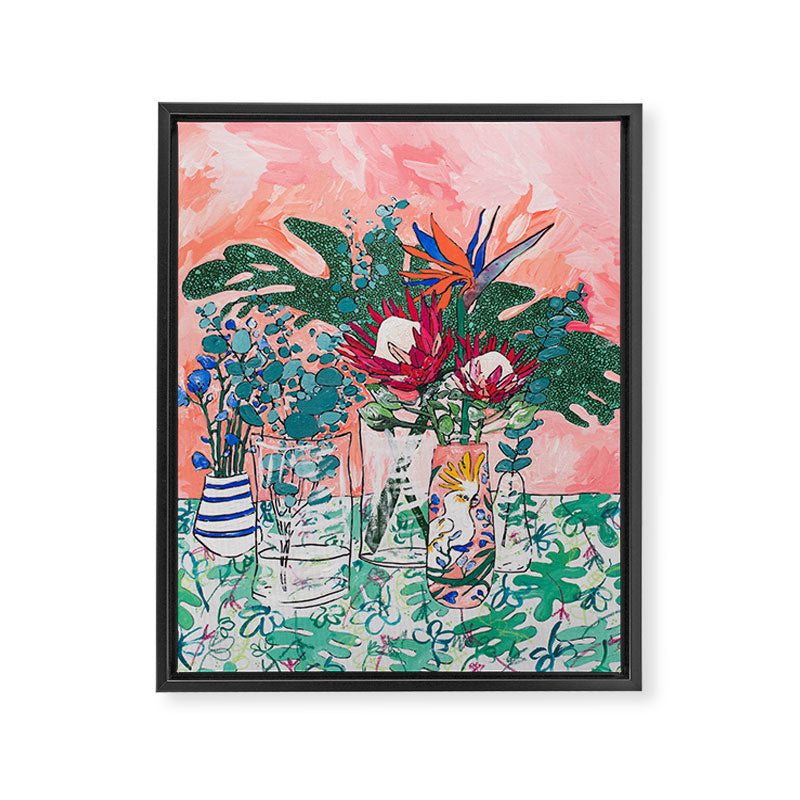 Cockatoo Vase - Bouquet of Flowers on Coral and Jungle Framed Canvas Print Gallery Image 8