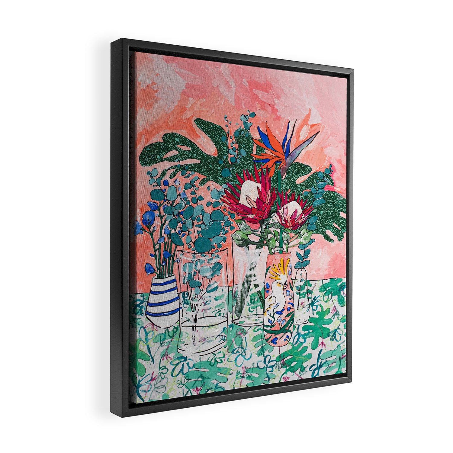 Cockatoo Vase - Bouquet of Flowers on Coral and Jungle Framed Canvas Print Gallery Image 2