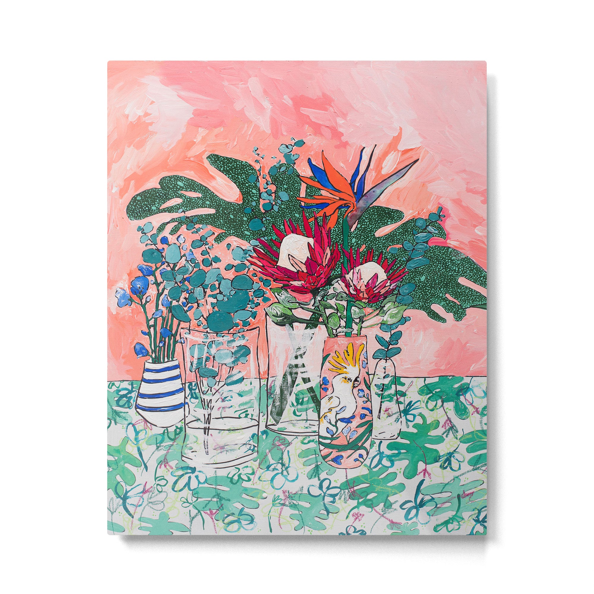 Cockatoo Vase - Bouquet of Flowers on Coral and Jungle Metal Print Gallery Image 6