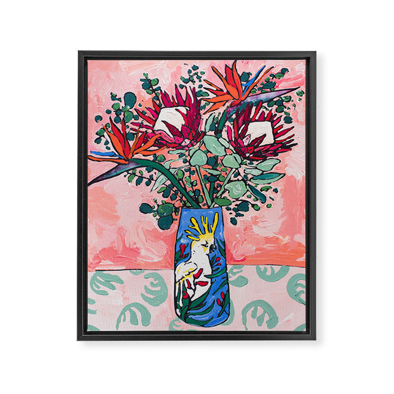 Cockatoo Vase on Painterly Pink Framed Canvas Print Gallery Image 6