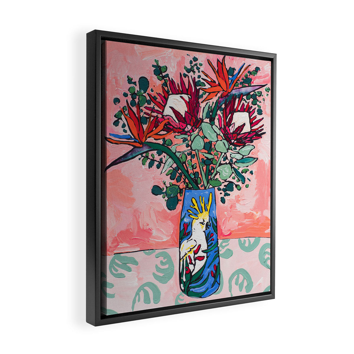 Cockatoo Vase on Painterly Pink Framed Canvas Print Gallery Image 2