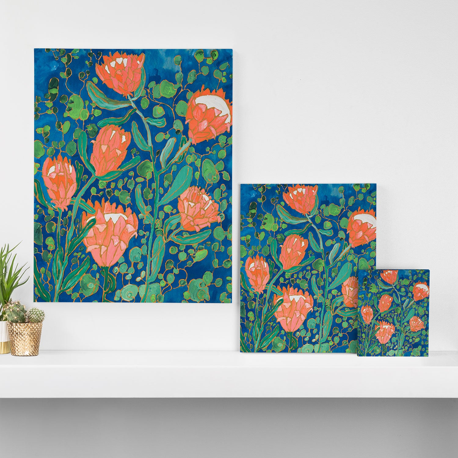 Coral Proteas on Blue Pattern Painting Canvas Print Gallery Image 3