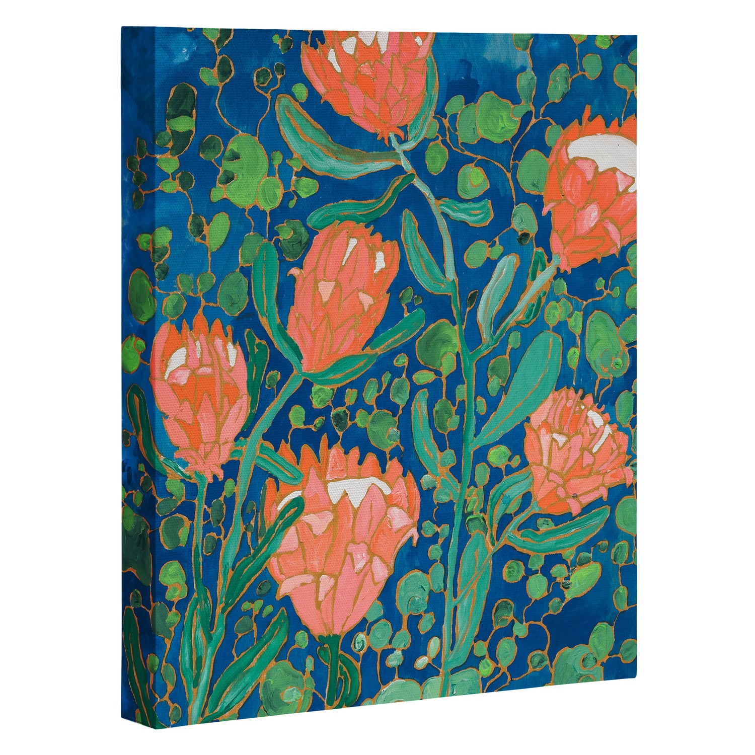 Coral Proteas on Blue Pattern Painting Canvas Print Gallery Image 3