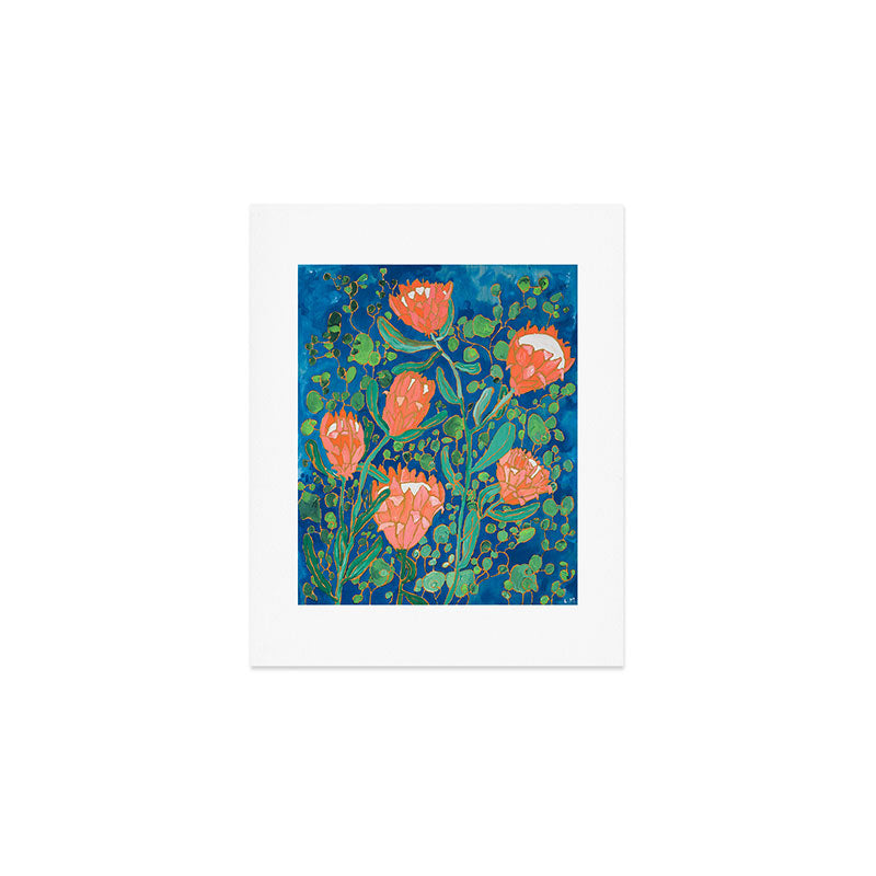 Coral Proteas on Blue Pattern Painting Art Print Gallery Image 1