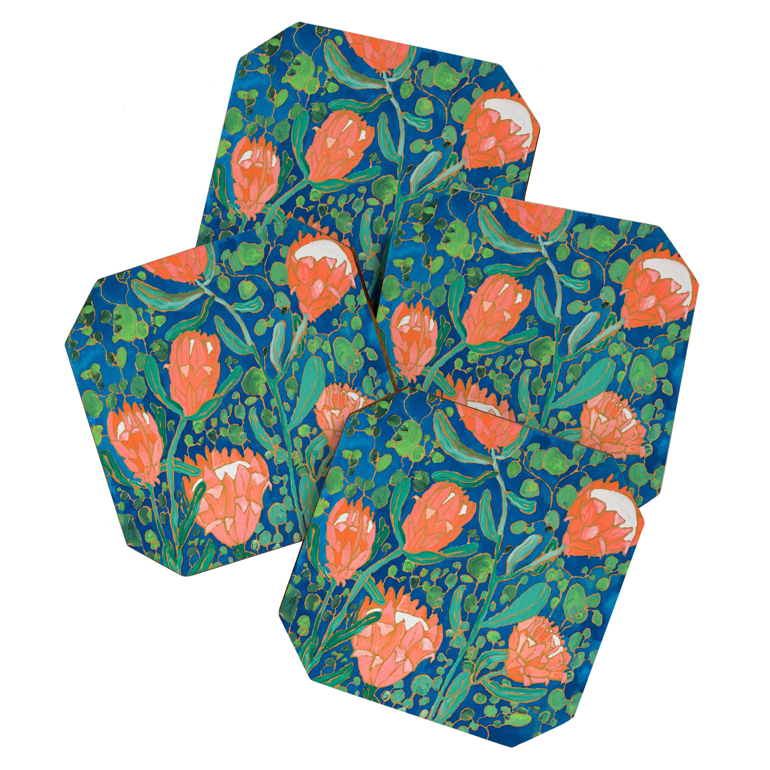 Coral Proteas on Blue Pattern Painting Coaster Gallery Image 1