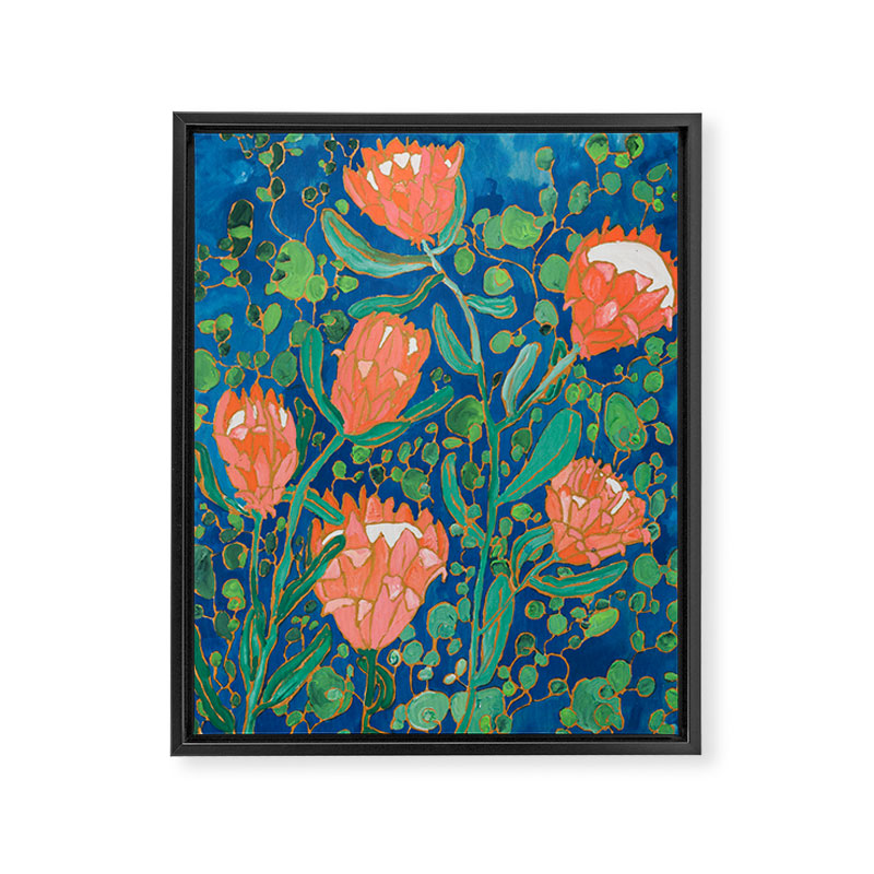 Coral Proteas on Blue Pattern Painting Framed Canvas Print Gallery Image 8