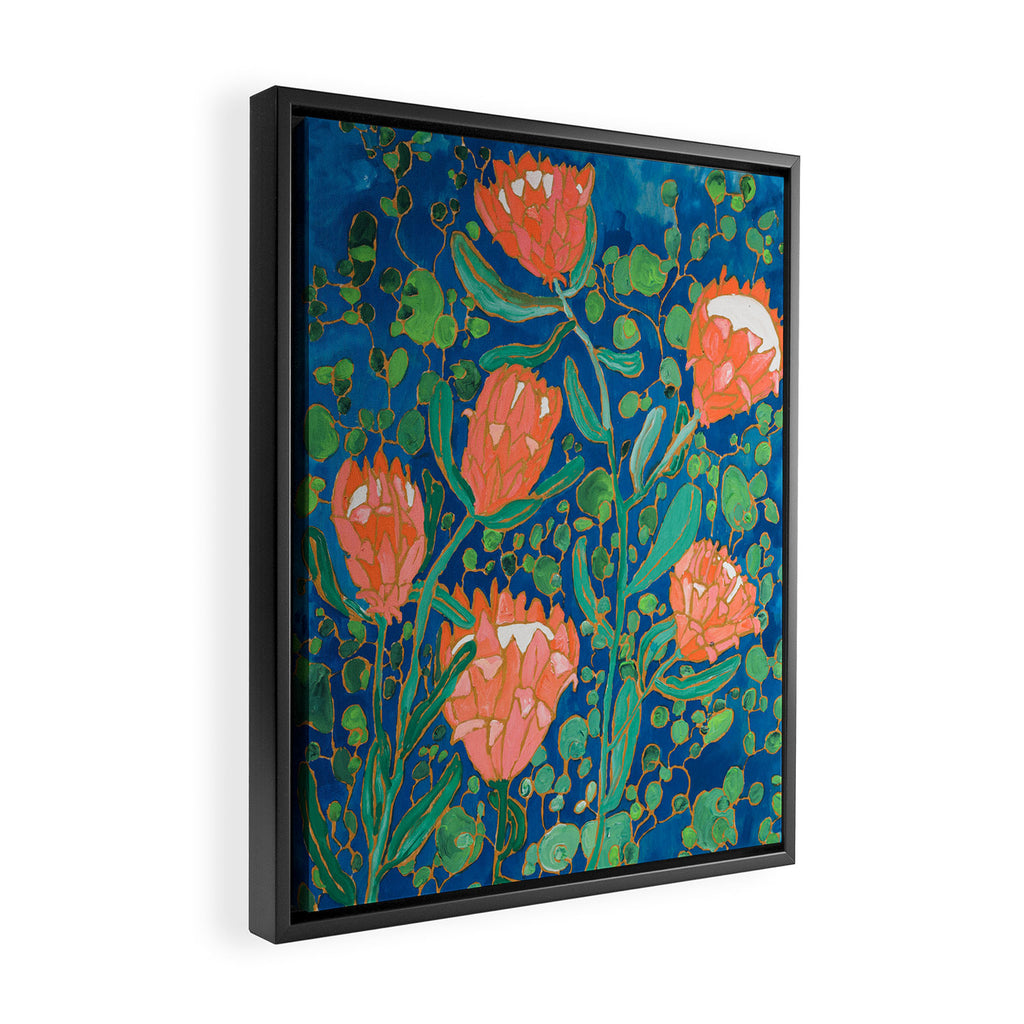Coral Proteas on Blue Pattern Painting Framed Canvas Print Gallery Image 2