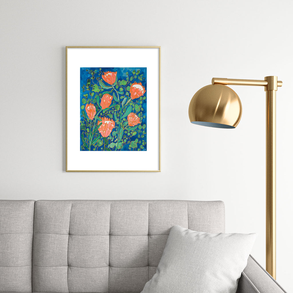 Coral Proteas on Blue Pattern Painting Framed Art Print Gallery Image 2