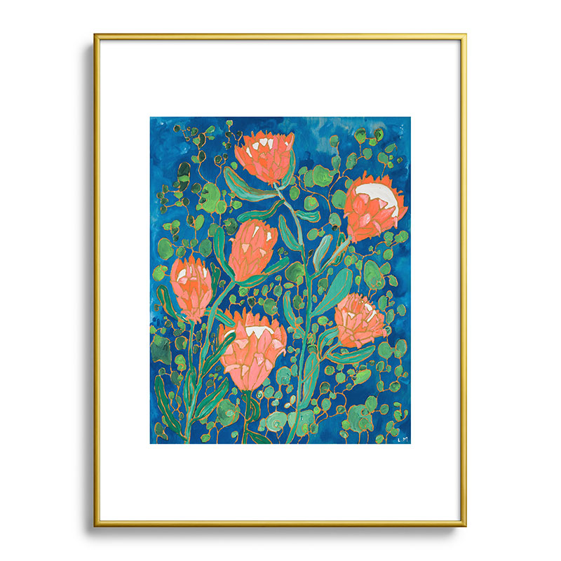 Coral Proteas on Blue Pattern Painting Framed Art Print Gallery Image 125