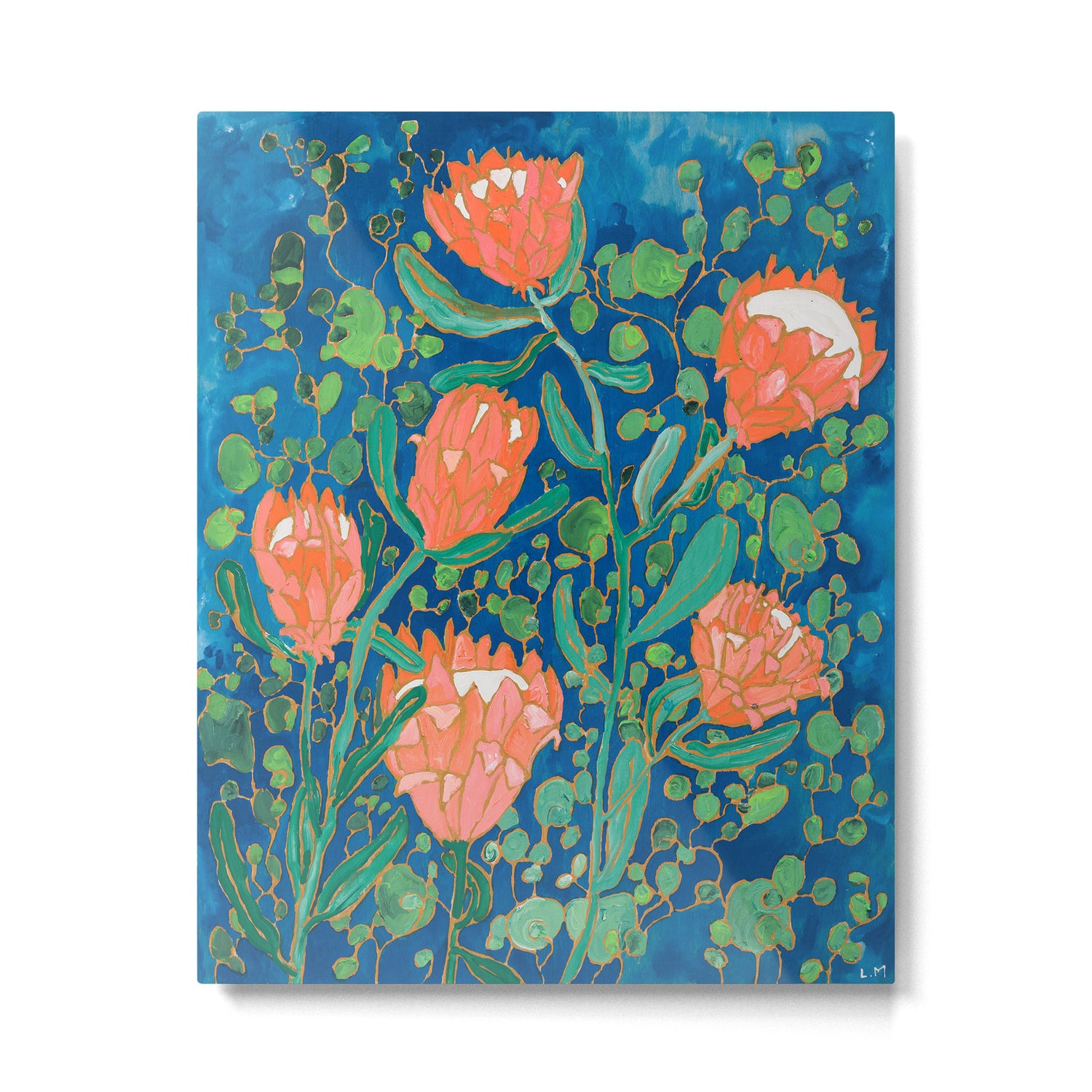 Coral Proteas on Blue Pattern Painting Metal Print Gallery Image 6