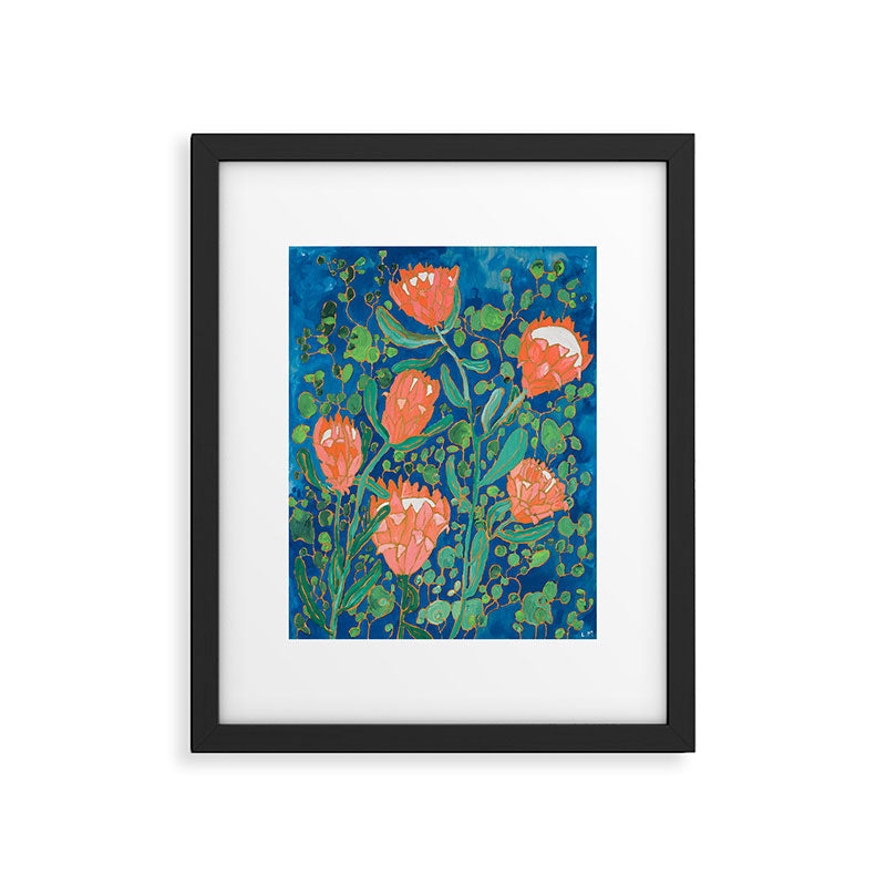 Coral Proteas on Blue Pattern Painting Framed Art Print Gallery Image 4