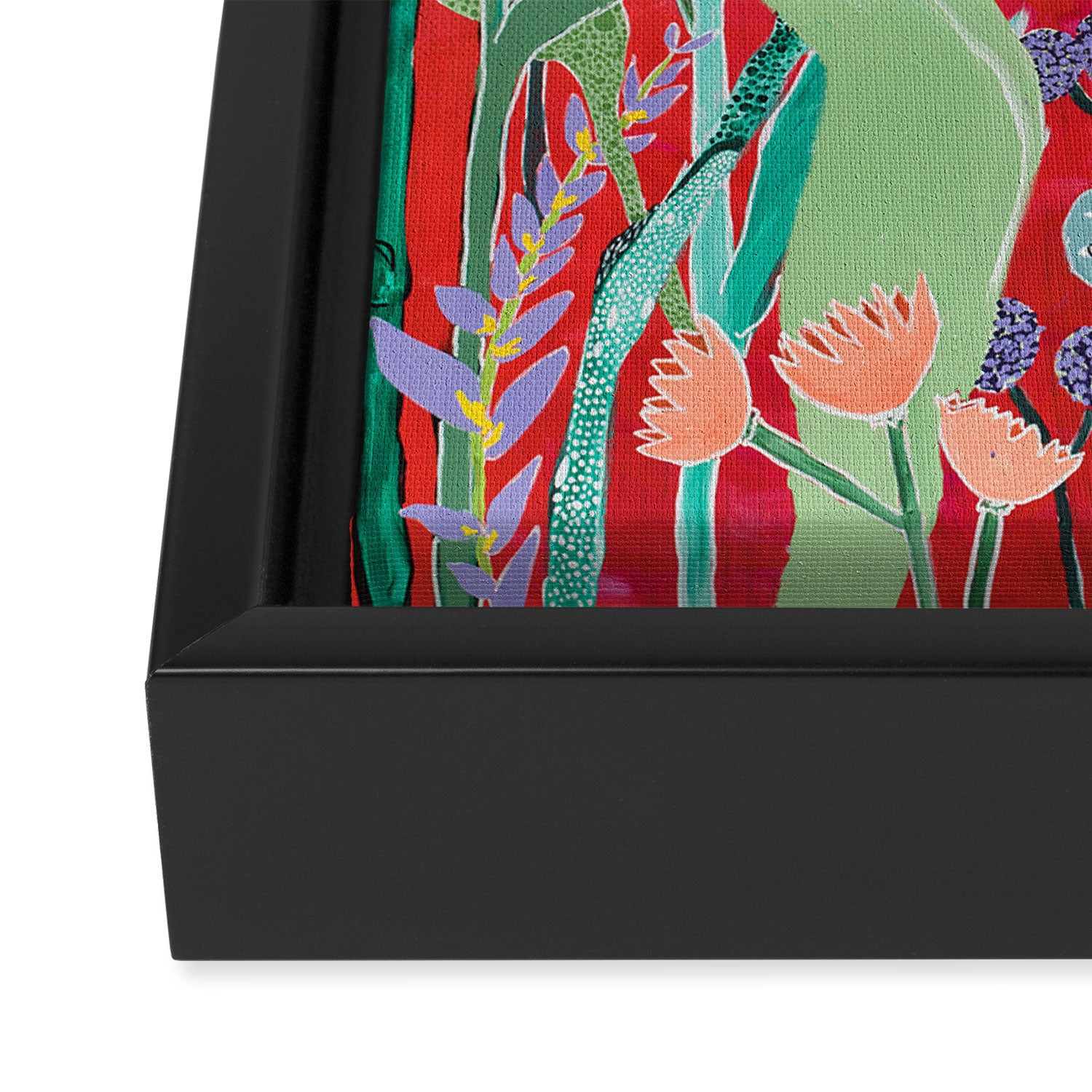 Floral Jungle on Red with Proteas, Eucalyptus and Birds of Paradise Framed Canvas Print Gallery Image 3