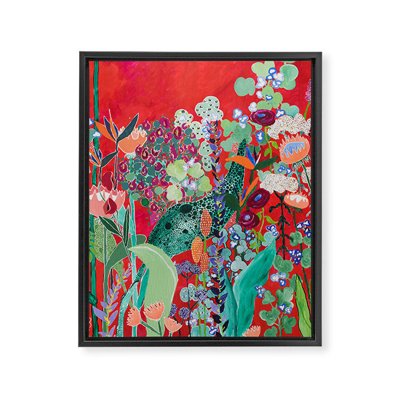 Floral Jungle on Red with Proteas, Eucalyptus and Birds of Paradise Framed Canvas Print Gallery Image 8
