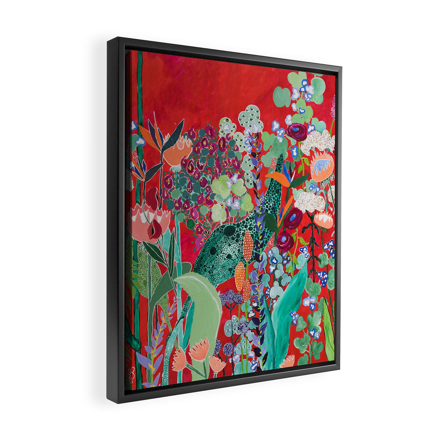 Floral Jungle on Red with Proteas, Eucalyptus and Birds of Paradise Framed Canvas Print Gallery Image 2
