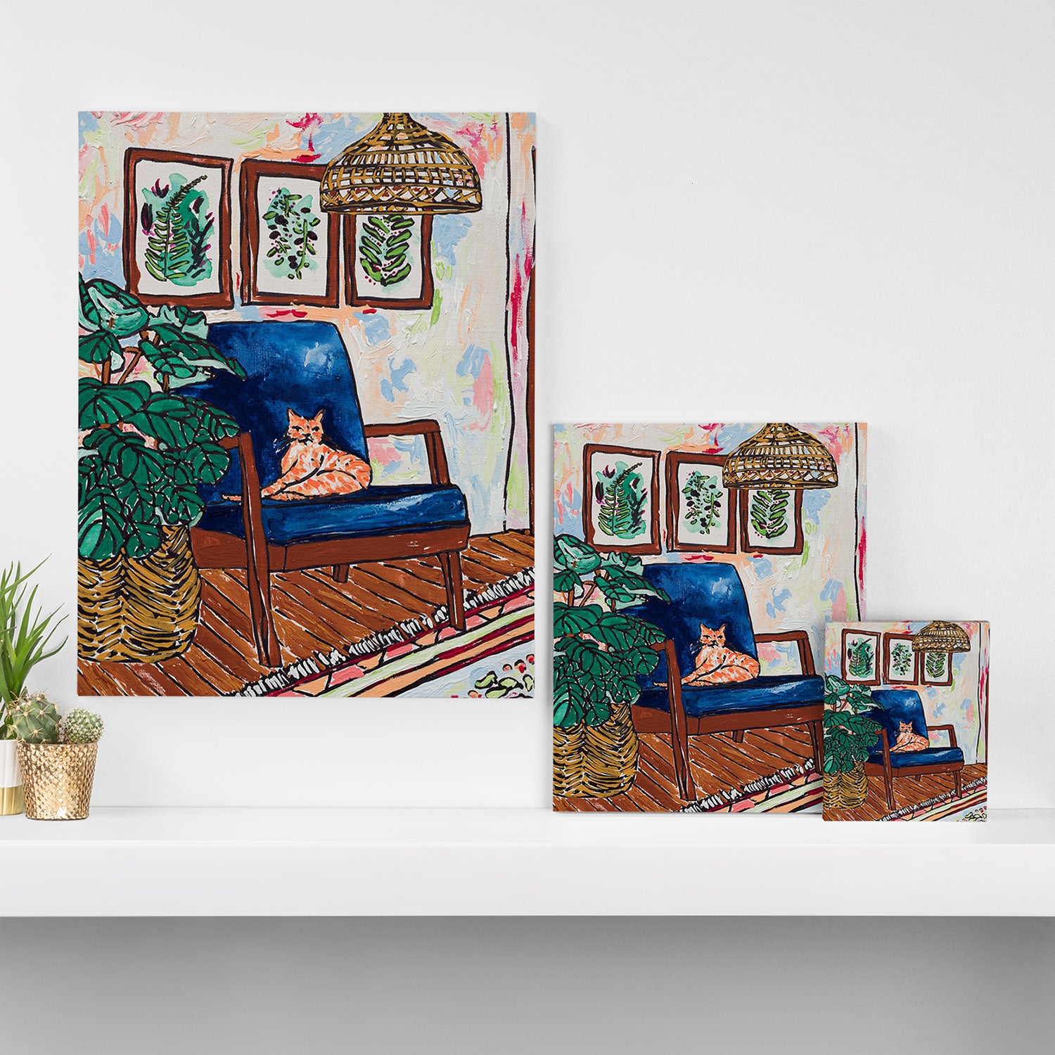 Ginger Cat on Blue Mid Century Chair Painting Canvas Print Gallery Image 3