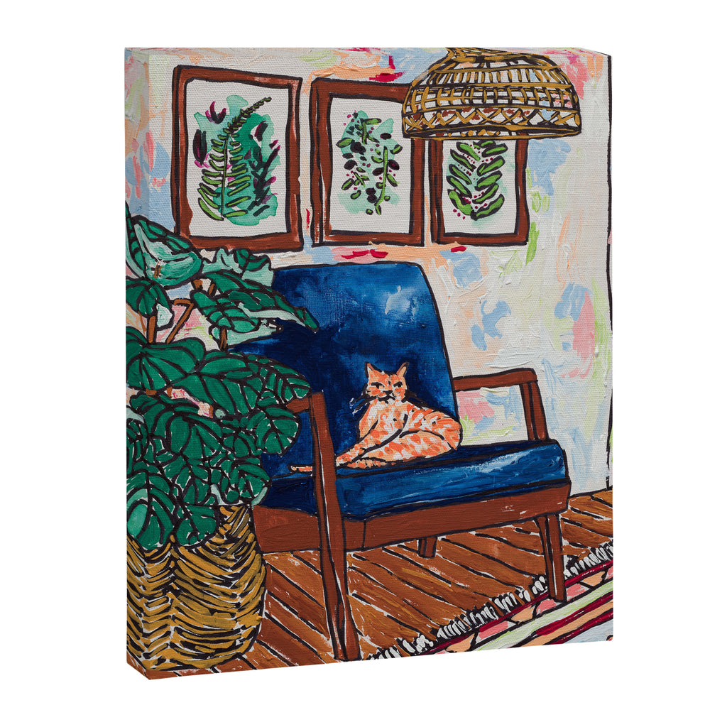 Ginger Cat on Blue Mid Century Chair Painting Canvas Print Gallery Image 3