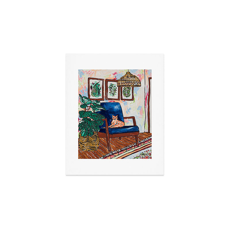 Ginger Cat on Blue Mid Century Chair Painting Art Print Gallery Image 1