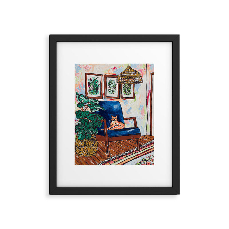 Ginger Cat on Blue Mid Century Chair Painting Framed Art Print Gallery Image 4