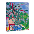 Houseplant collection Still Life on Blue Painting with Stromanthe Triostar, Pilea, and Snake Plant and Lion Vase Canvas Print Gallery Image 6