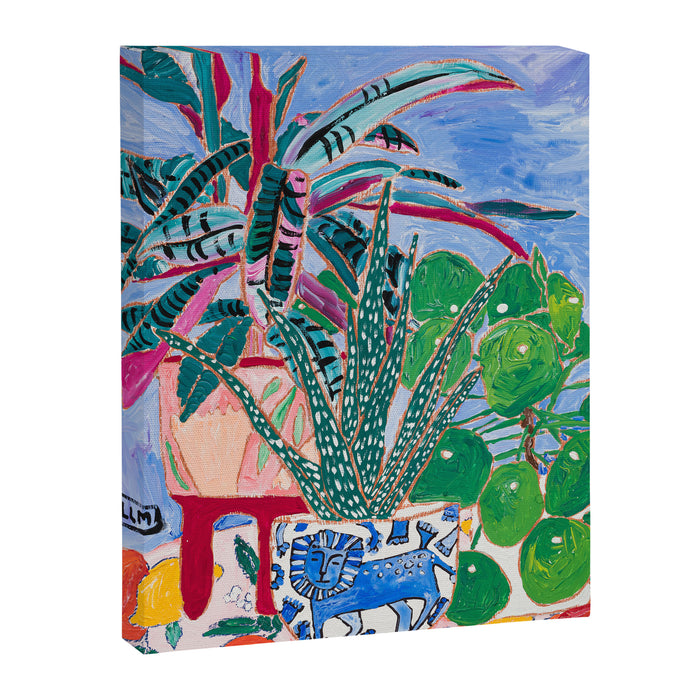 Houseplant collection Still Life on Blue Painting with Stromanthe Triostar, Pilea, and Snake Plant and Lion Vase Canvas Print Gallery Image 1