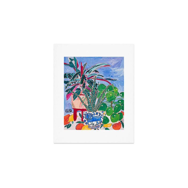 Houseplant collection Still Life on Blue Painting with Stromanthe Triostar, Pilea, and Snake Plant and Lion Vase Art Print Gallery Image 1