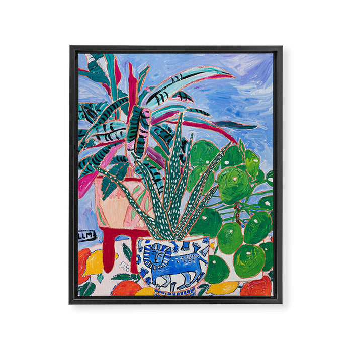 Houseplant collection Still Life on Blue Painting with Stromanthe Triostar, Pilea, and Snake Plant and Lion Vase Framed Canvas Print Gallery Image 1