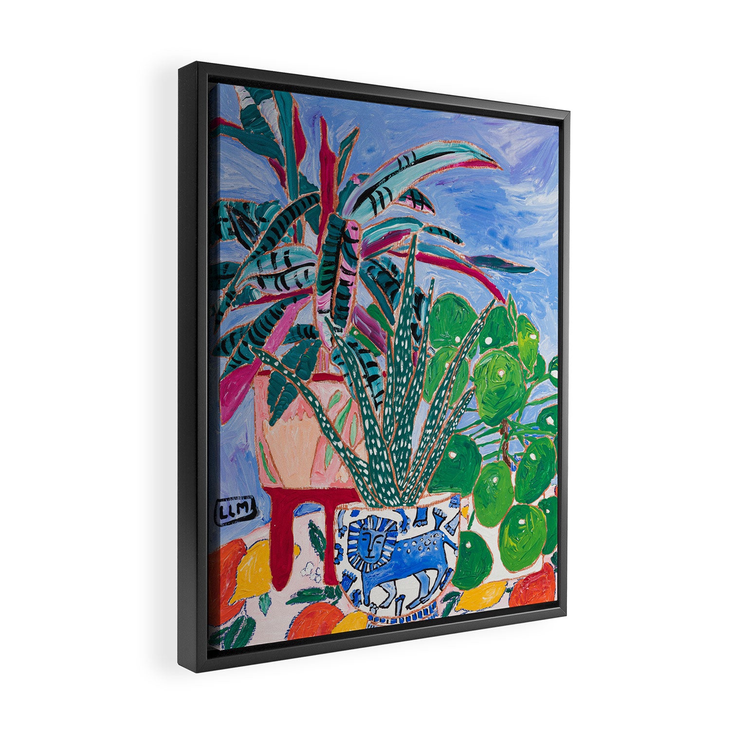 Houseplant collection Still Life on Blue Painting with Stromanthe Triostar, Pilea, and Snake Plant and Lion Vase Framed Canvas Print Gallery Image 2