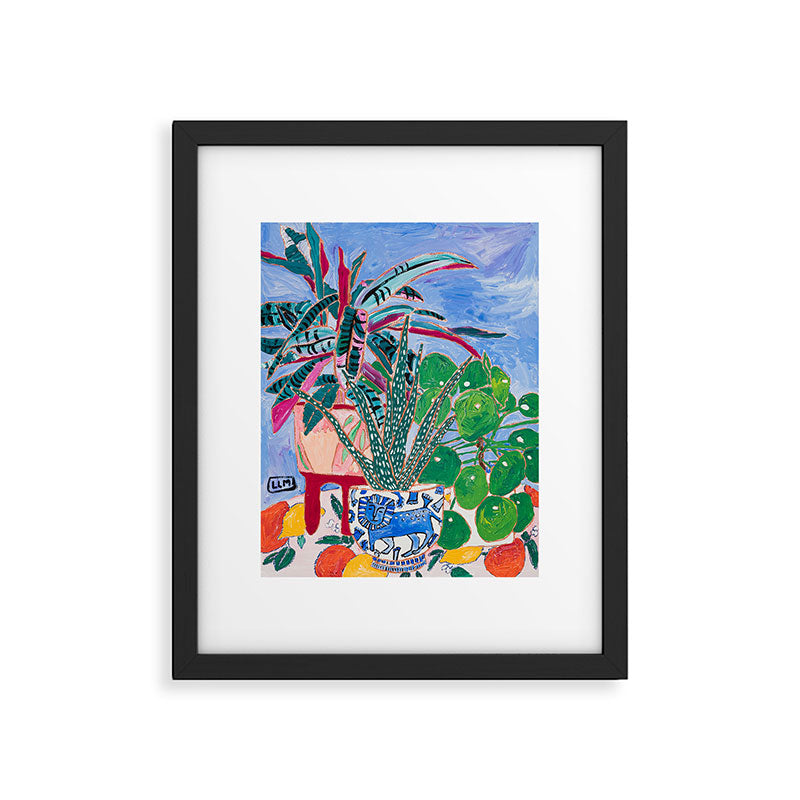 Houseplant collection Still Life on Blue Painting with Stromanthe Triostar, Pilea, and Snake Plant and Lion Vase Framed Art Print Gallery Image 5