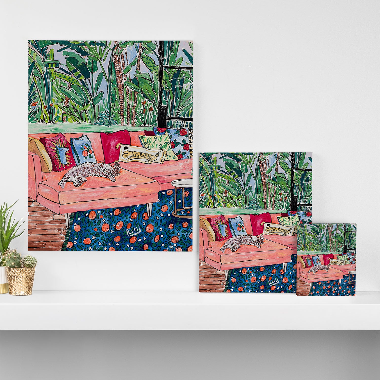 Napping Brown Tabby Cat on Pink Couch with Jungle Background Painting After Matisse Canvas Print Gallery Image 3