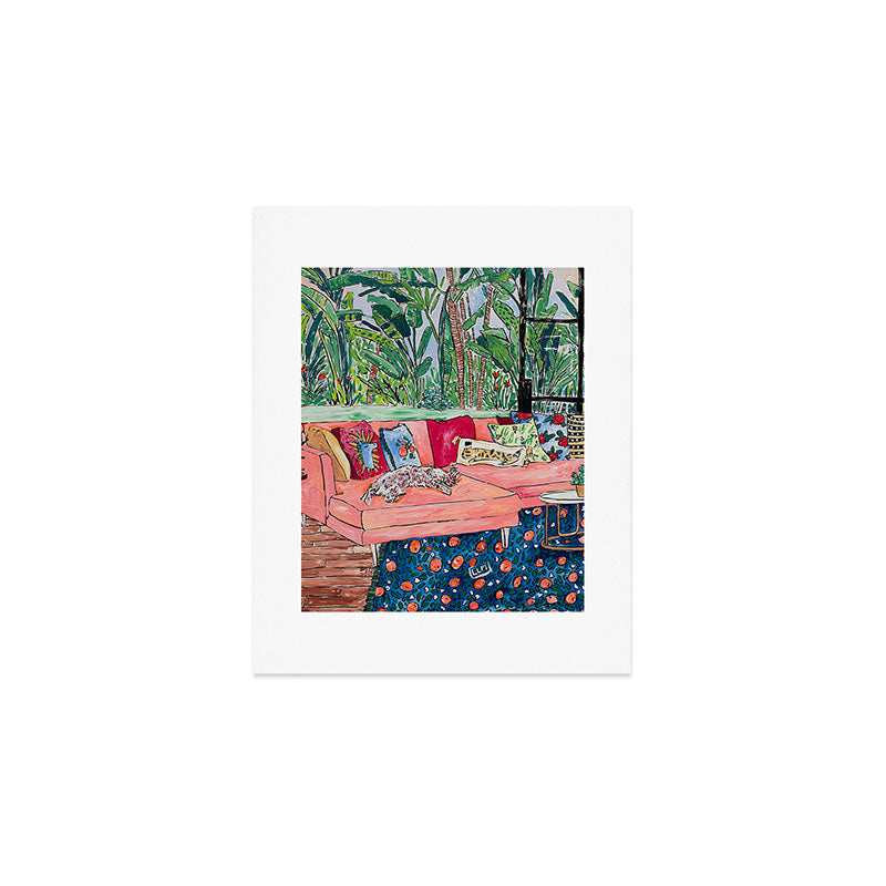 Napping Brown Tabby Cat on Pink Couch with Jungle Background Painting After Matisse Art Print Gallery Image 1