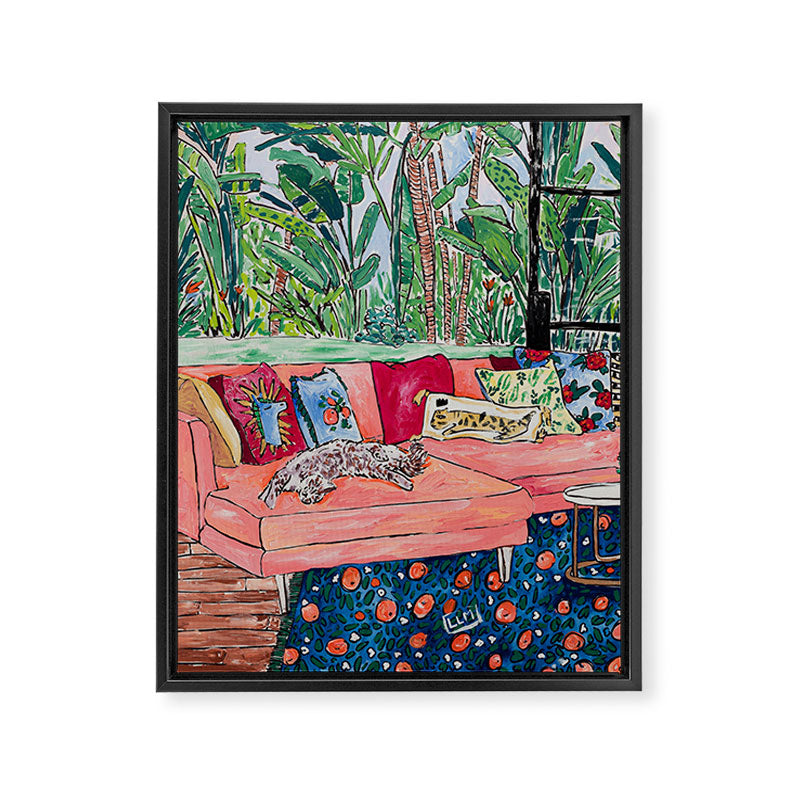 Napping Brown Tabby Cat on Pink Couch with Jungle Background Painting After Matisse Framed Canvas Print Gallery Image 8
